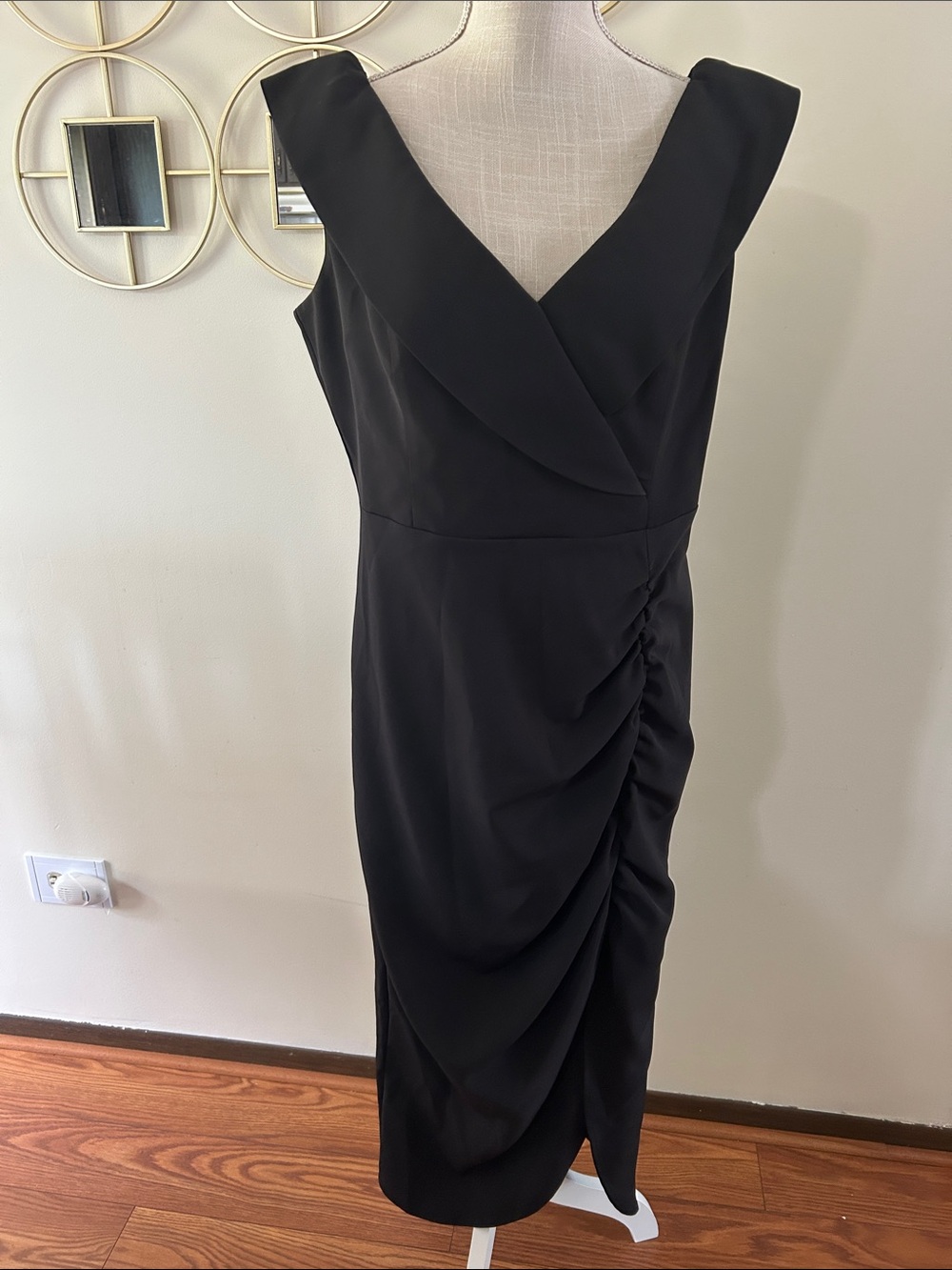 Desiree Classic Black V-Neck Ruched Sheath midi Dress, side slit plus XL